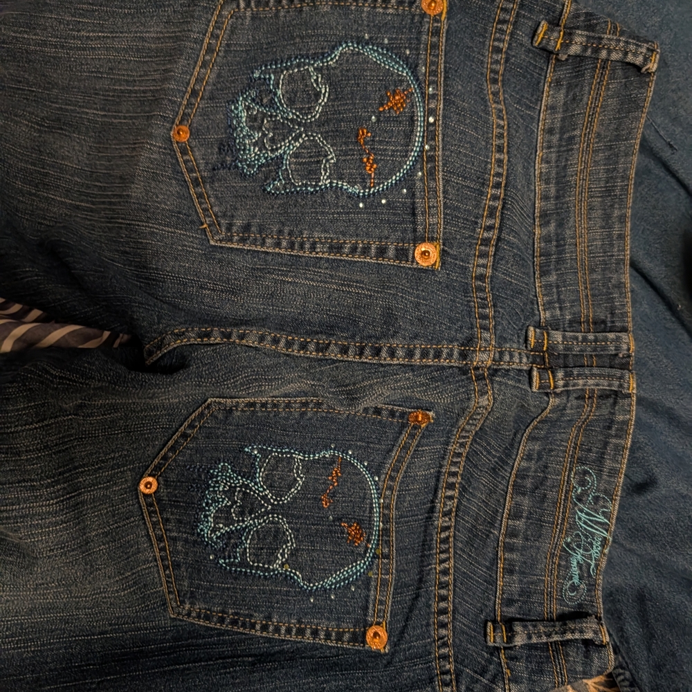 RARE Vintage Y2K Mecca Femme Rhinestone Skull Bootcut Jeans Sz 9/10 Low Rise